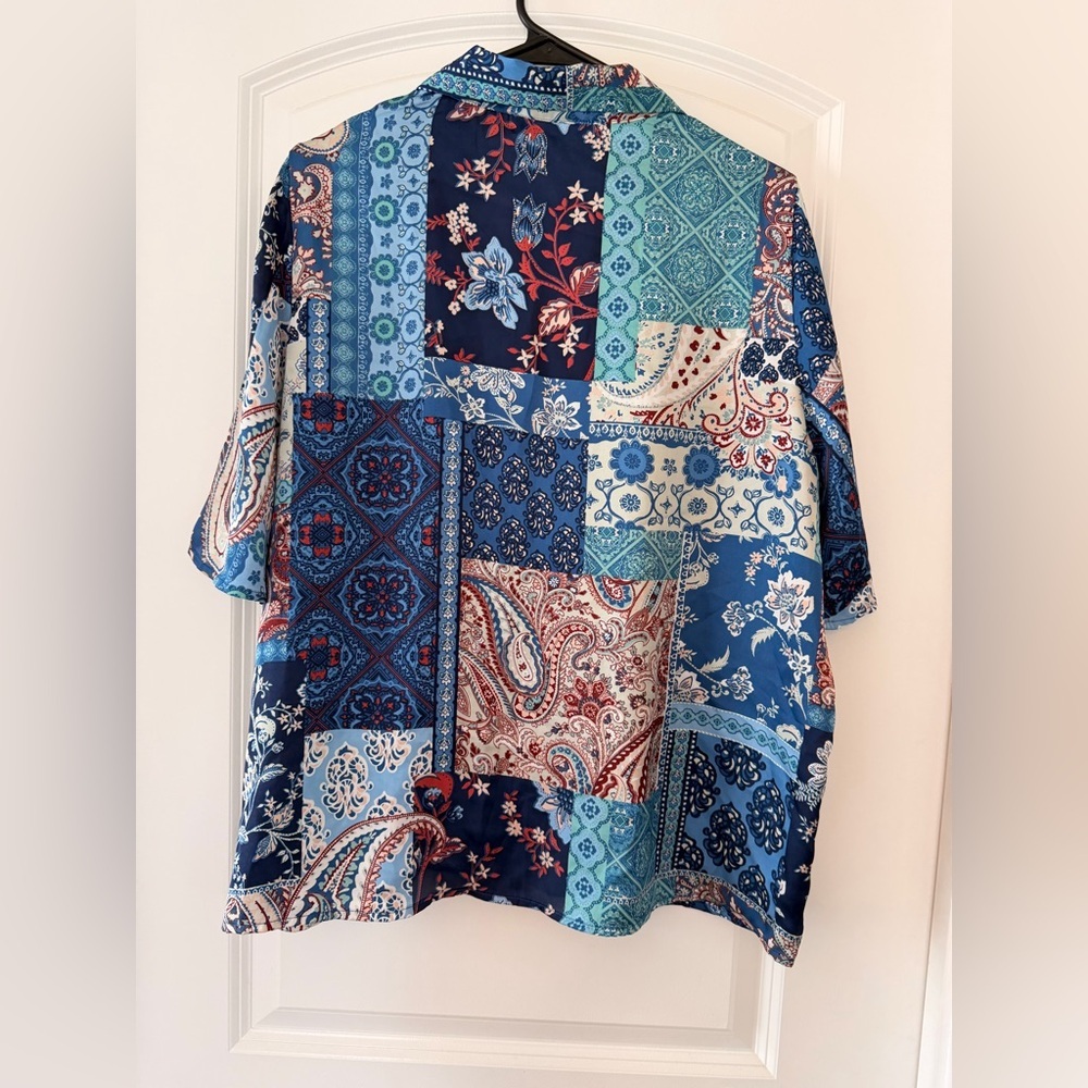 Patchwork Paisley Geometric Satin Button Up Shirt… - image 2